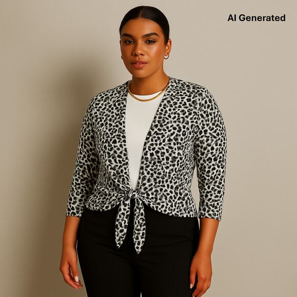 Chico’s Women's L/12-14 Cardigan Black & White Animal Print Open Tie-Front - Picture 7 of 13